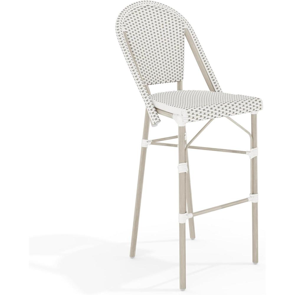 imageMartha Stewart Lily Pond IndoorOutdoor Stackable Bar Stools with Natural Woodgrain Aluminum Frame Finish WhiteNavy Woven Rattan Backrests and Seats Set of 2Gray WhiteGray Frame