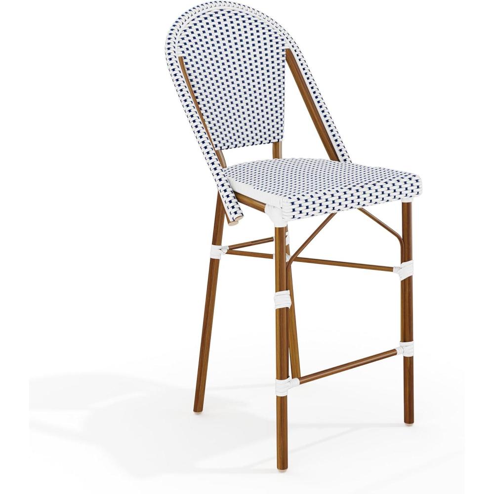 imageMartha Stewart Lily Pond IndoorOutdoor Stackable Counter Stool with Natural Woodgrain Aluminum Frame Finish and BlackWhite Woven Rattan Backrest and SeatNavy WhiteNatural Frame