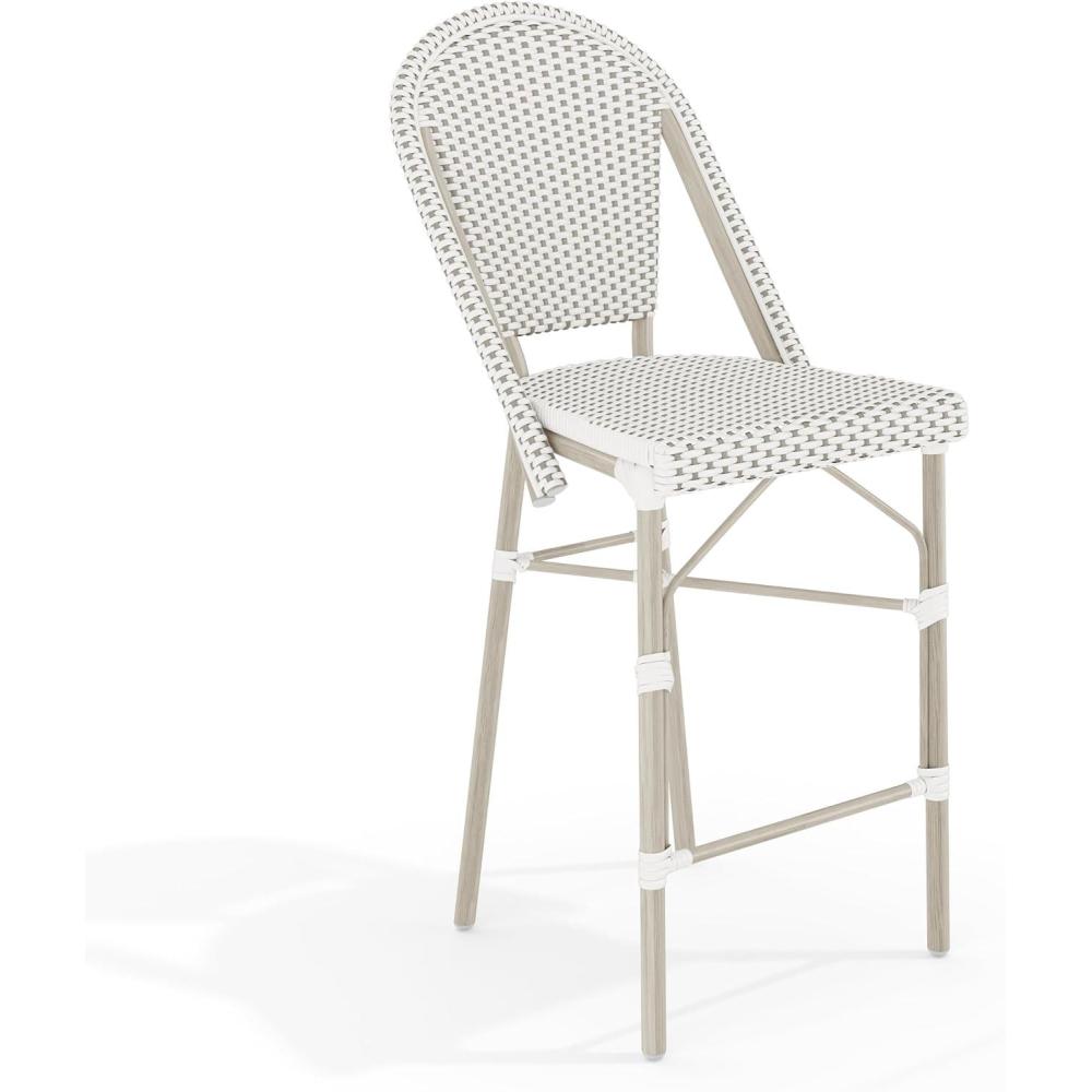 imageMartha Stewart Lily Pond IndoorOutdoor Stackable Counter Stool with Natural Woodgrain Aluminum Frame Finish and BlackWhite Woven Rattan Backrest and SeatGray  WhiteGray Frame