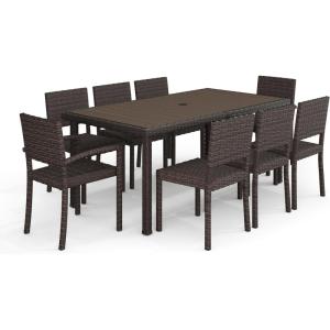 Martha Stewart Bedford 9-Piece Indoor-Outdoor Dining Set with 6 Stackable Chairs and 71″ Patio Table with Faux Wood Top and Rattan Wicker Finish in Brown(Brown)