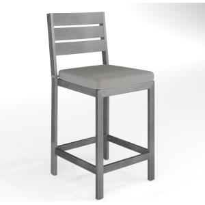 Martha Stewart Bedford Indoor-Outdoor Aluminum Patio Bar Stools with Brushed Woodgrain Finish in Gray and Gray All-Weather Cushions, Set of 2(Grey)