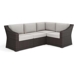 Martha Stewart Bedford Indoor-Outdoor Modular Patio Sectional Sofa for 4 with Rattan Wicker Finish in Brown with Tan All-Weather Cushions(Tan Cushions/Brown Frame)
