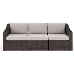 Martha Stewart Bedford Indoor-Outdoor Modular Patio Sofa for 3 with Rattan Wicker Finish in Brown with Tan All-Weather Cushions(Tan Cushions/Brown Frame)