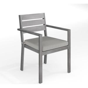 Martha Stewart Bedford Indoor-Outdoor Stackable Aluminum Patio Armchair with Brushed Woodgrain Finish in Brown and Cream All-Weather Cushion(Grey)