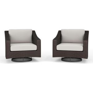Martha Stewart Bedford Set of 2 Indoor-Outdoor Patio Chairs with 360° Swivel Functionality and Rattan Wicker Finish in Brown with Tan All-Weather Cushions(Tan Cushions/Brown Frame)