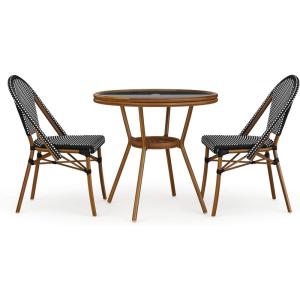 Martha Stewart Lily Pond 3 Piece Indoor-Outdoor Gray and White Woven Rattan Bistro Set with Gray Woodgrain Aluminum Frames and Tempered Glass Tabletop(Black & White/Natural Frame)