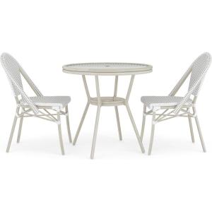 Martha Stewart Lily Pond 3 Piece Indoor-Outdoor Gray and White Woven Rattan Bistro Set with Gray Woodgrain Aluminum Frames and Tempered Glass Tabletop(Gray & White/Gray Frame)