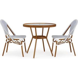 Martha Stewart Lily Pond 3 Piece Indoor-Outdoor Gray and White Woven Rattan Bistro Set with Gray Woodgrain Aluminum Frames and Tempered Glass Tabletop(Navy & White/Natural Frame)