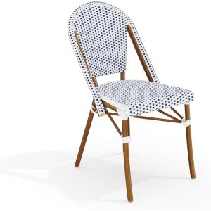 Martha Stewart Lily Pond Indoor-Outdoor Stackable Aluminum Bistro Chair with Natural Woodgrain Frame Finish and White/Navy Woven Rattan Backrest and Seat(Navy & White/Natural Frame)