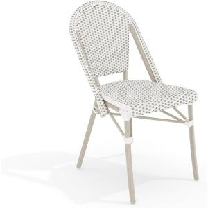 Martha Stewart Lily Pond Indoor-Outdoor Stackable Aluminum Bistro Chair with Natural Woodgrain Frame Finish and White/Navy Woven Rattan Backrest and Seat(Gray & White/Gray Frame)