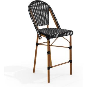 Martha Stewart Lily Pond Indoor-Outdoor Stackable Counter Stool with Natural Woodgrain Aluminum Frame Finish and Black/White Woven Rattan Backrest and Seat(Black & White/Natural Frame)