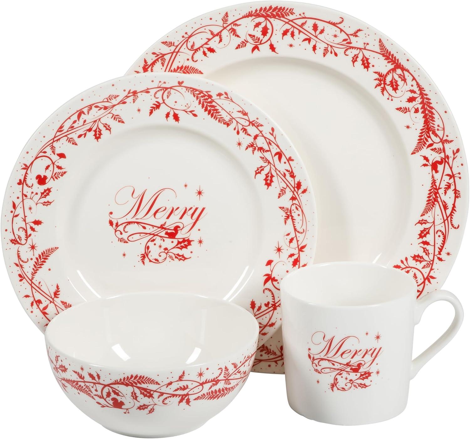 imageMartha Stewart Christmas Plates 12 Piece Decorated Red and White Stoneware Dinnerware SetChristmas Vines