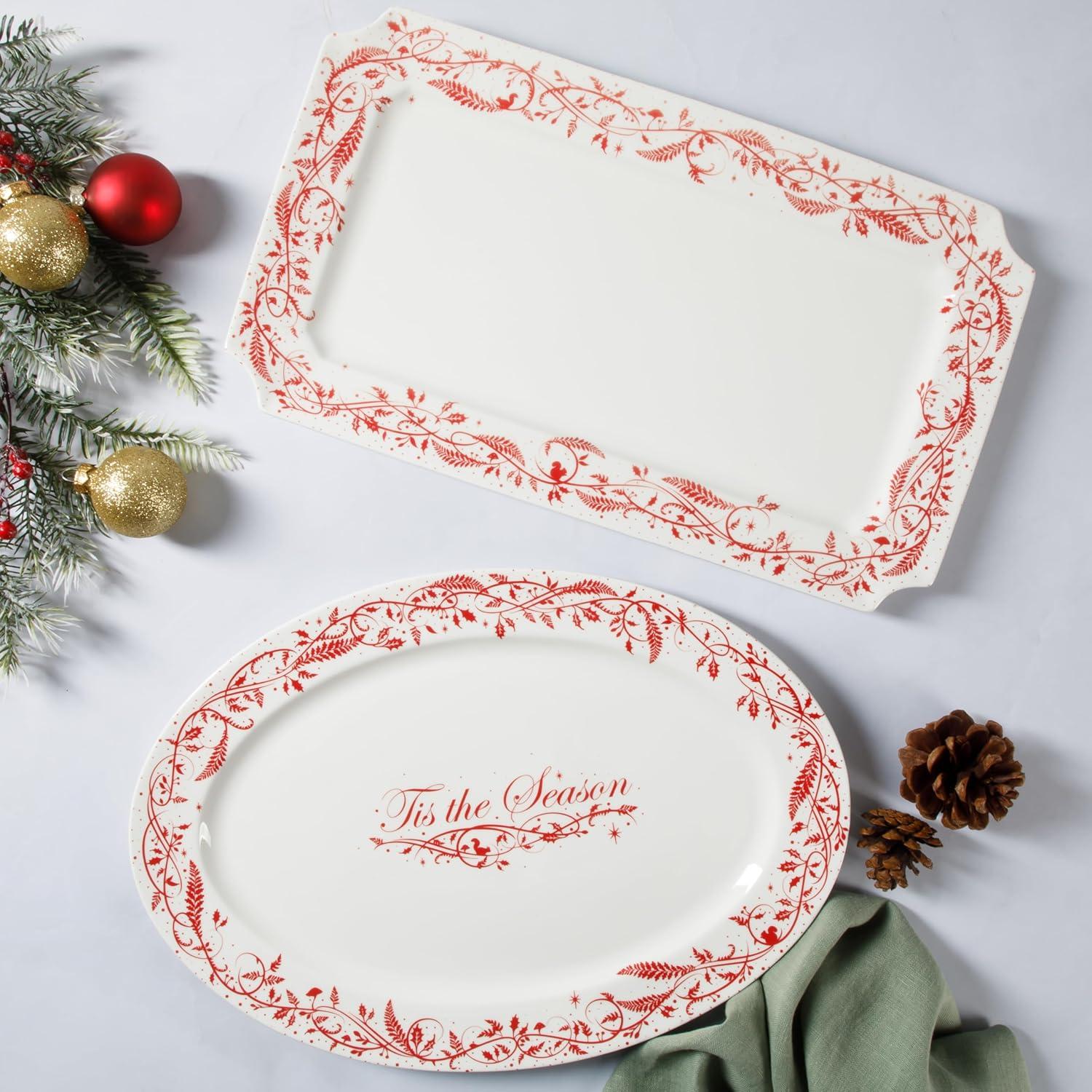 imageMartha Stewart Christmas Plates 12 Piece Decorated Red and White Stoneware Dinnerware SetChristmas Vines Serveware