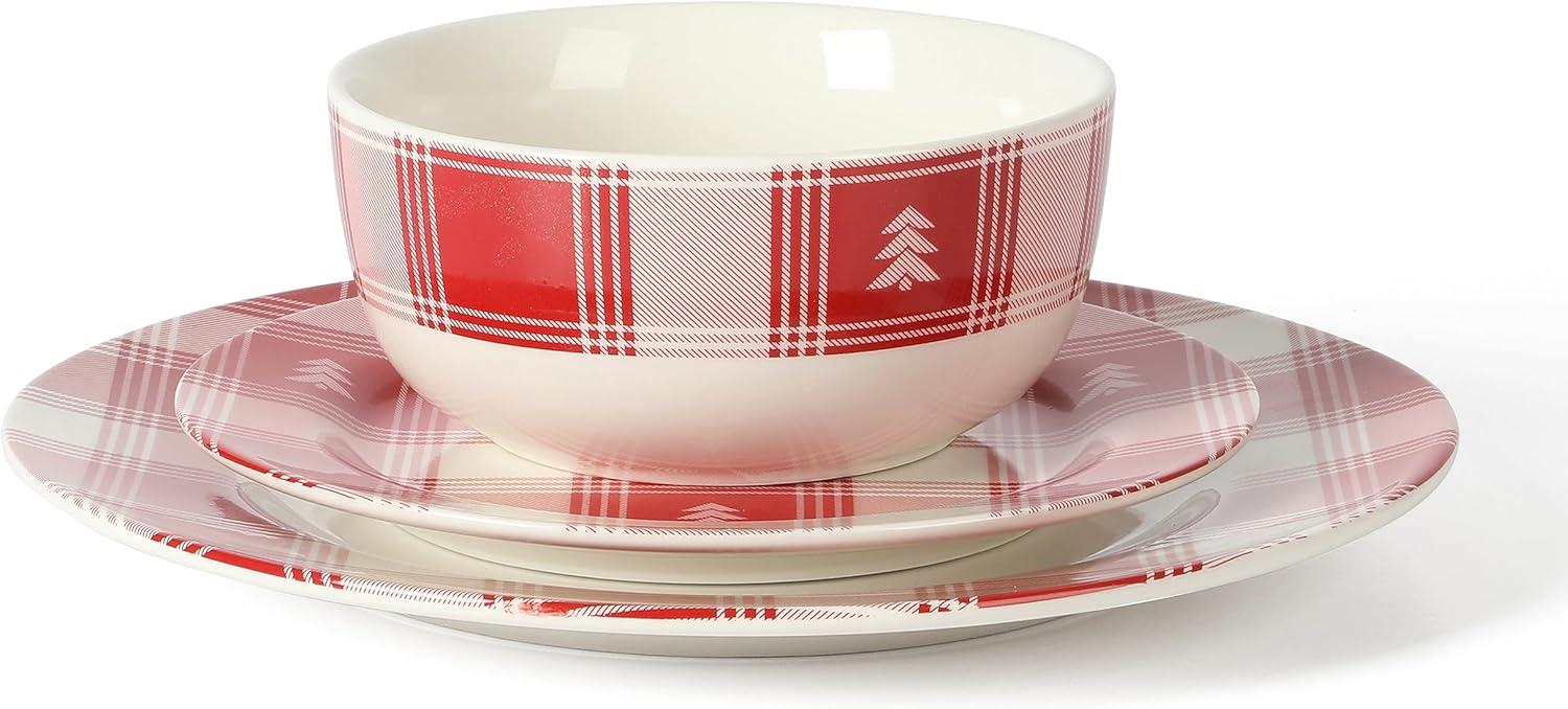 imageMartha Stewart Christmas Plates 12 Piece Decorated Red and White Stoneware Dinnerware SetRedWhite Plaid