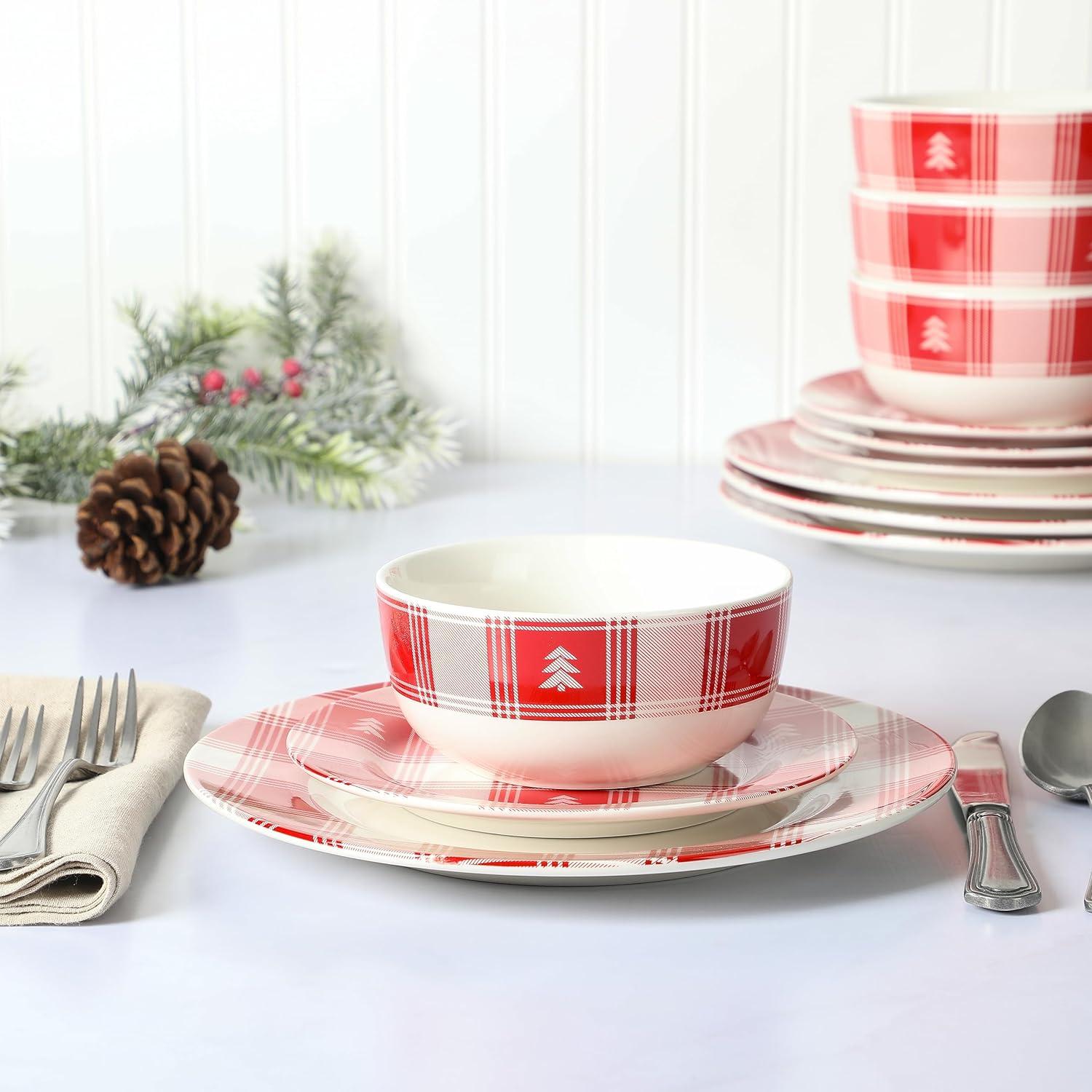 imageMartha Stewart Christmas Plates 12 Piece Decorated Red and White Stoneware Dinnerware SetRedWhite Plaid