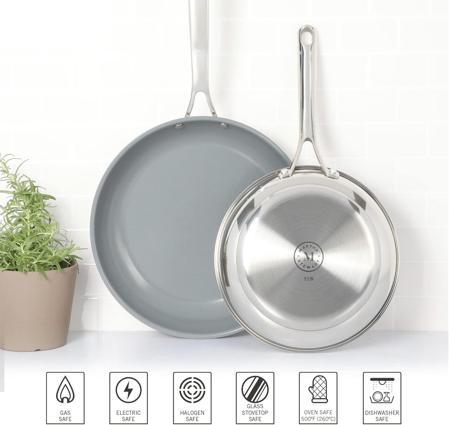 imageMartha Stewart Delaroux Stainless Steel 95 amp 12 PFAs Free Premium Ceramic Nonstick Fry Pan Set