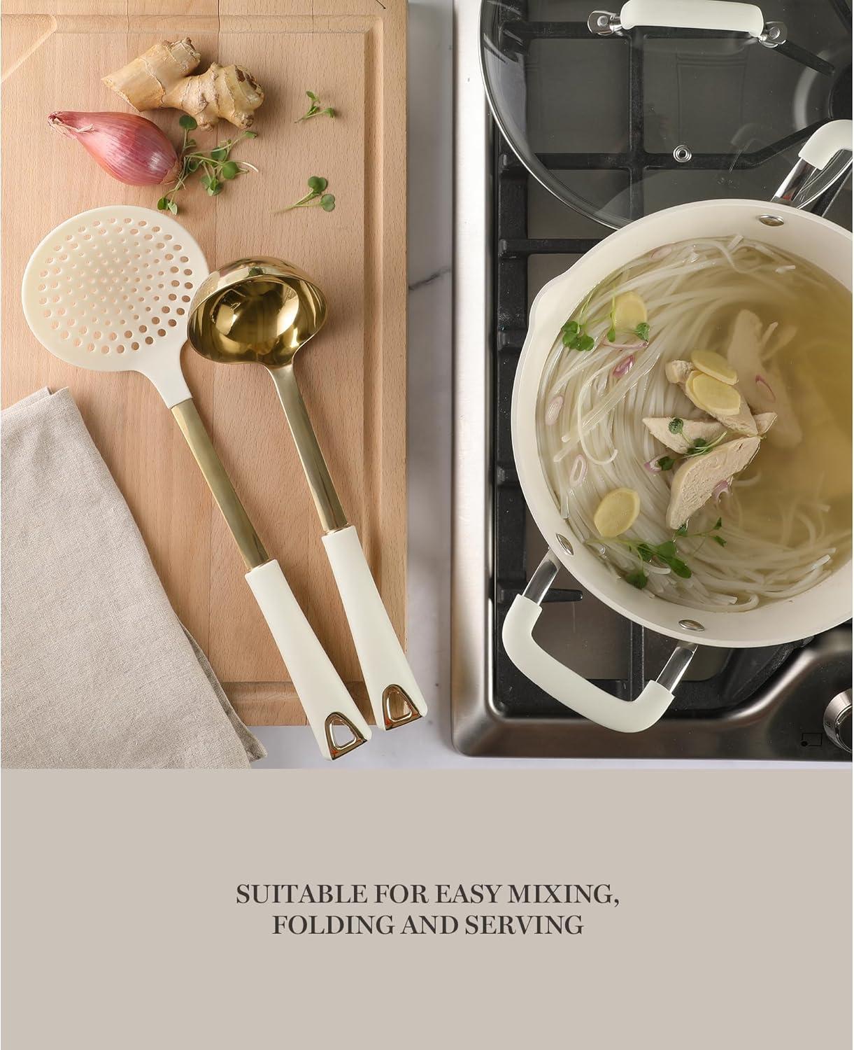 imageMartha Stewart Lockton 2Piece Stainless Steel amp Nylon Kitchen Skimmer and Ladle Set Linen wGold
