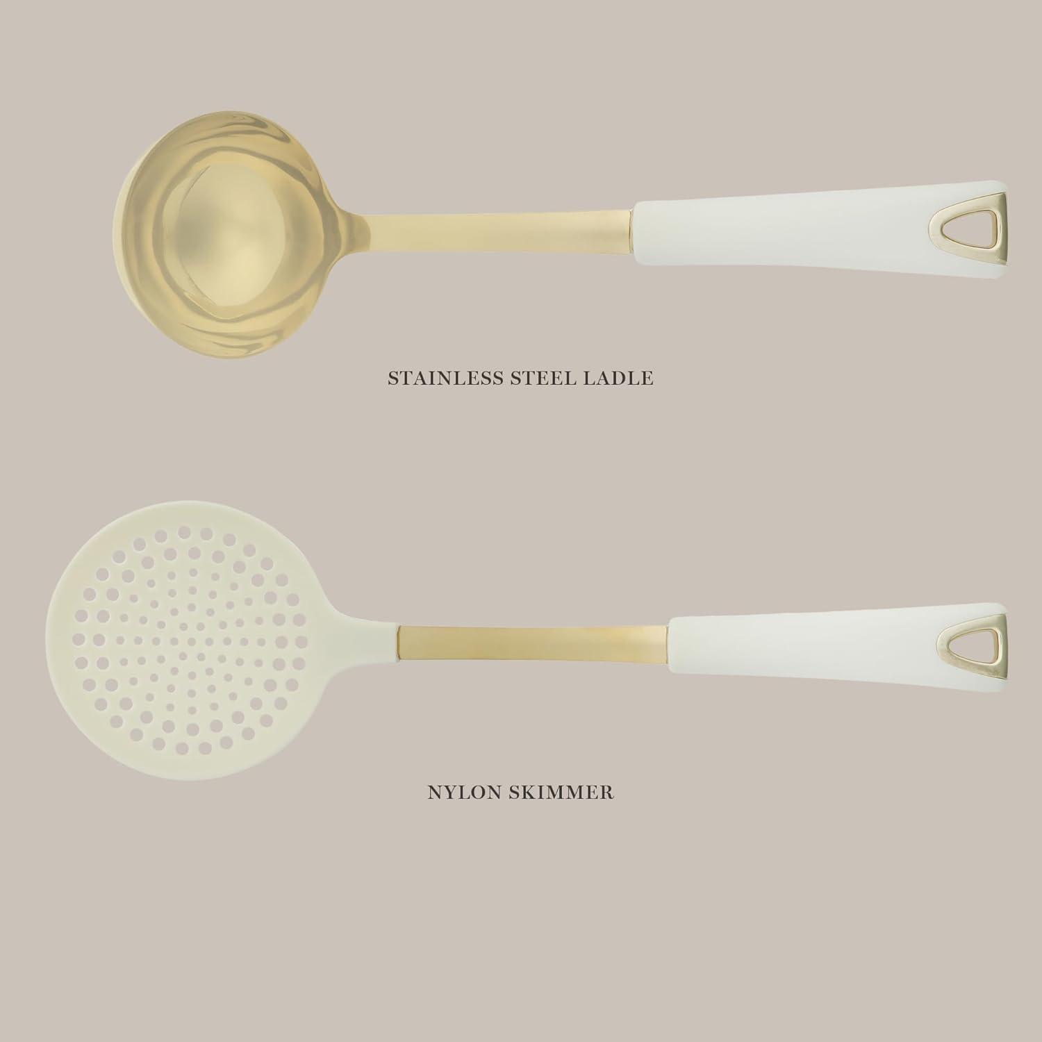 imageMartha Stewart Lockton 2Piece Stainless Steel amp Nylon Kitchen Skimmer and Ladle Set Linen wGold