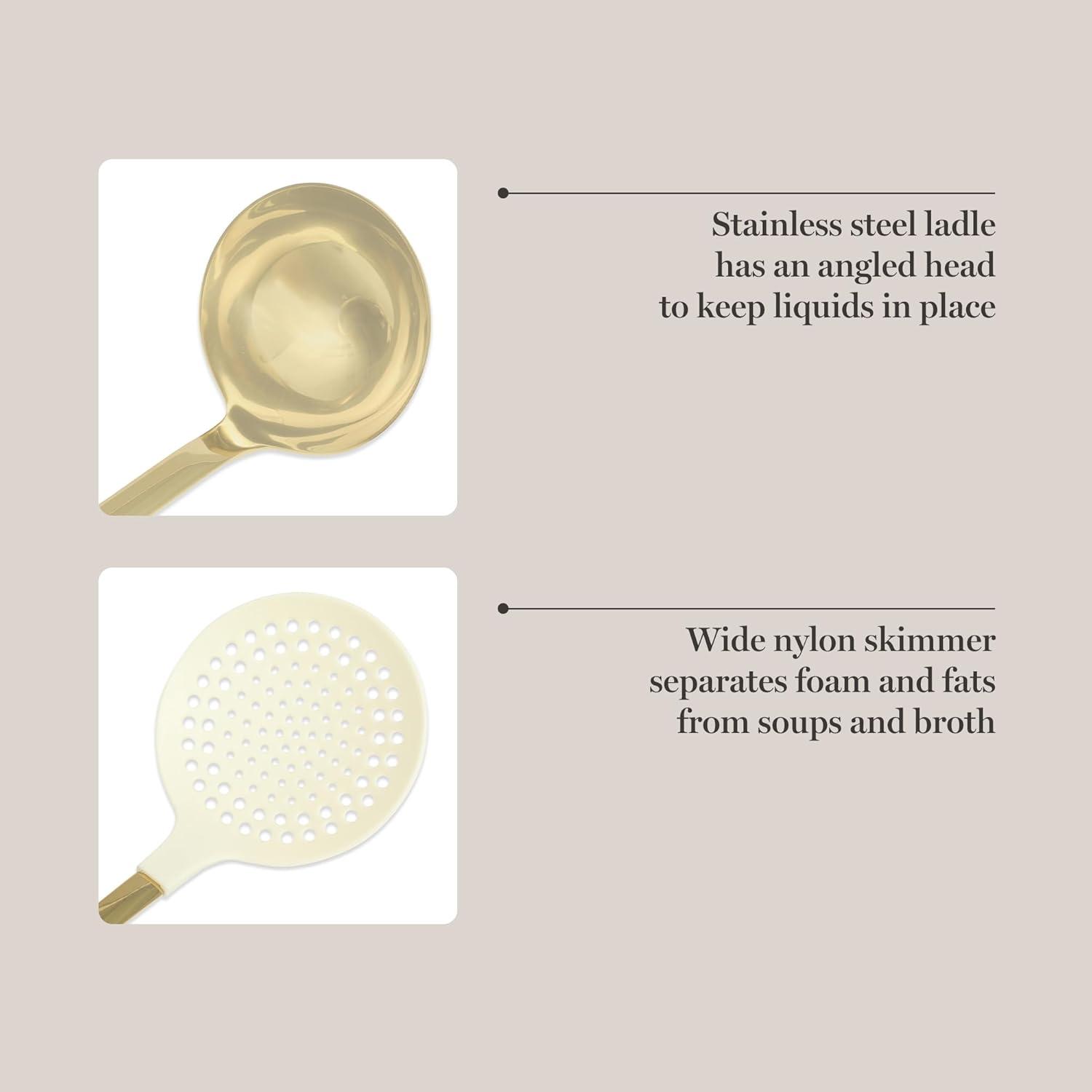 imageMartha Stewart Lockton 2Piece Stainless Steel amp Nylon Kitchen Skimmer and Ladle Set Linen wGold