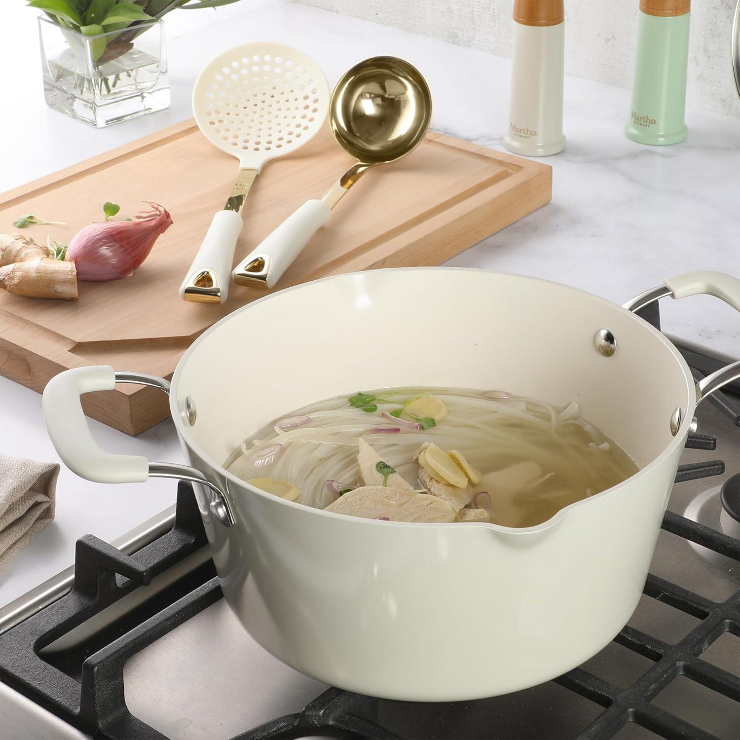 imageMartha Stewart Lockton 2Piece Stainless Steel amp Nylon Kitchen Skimmer and Ladle Set Linen wGold