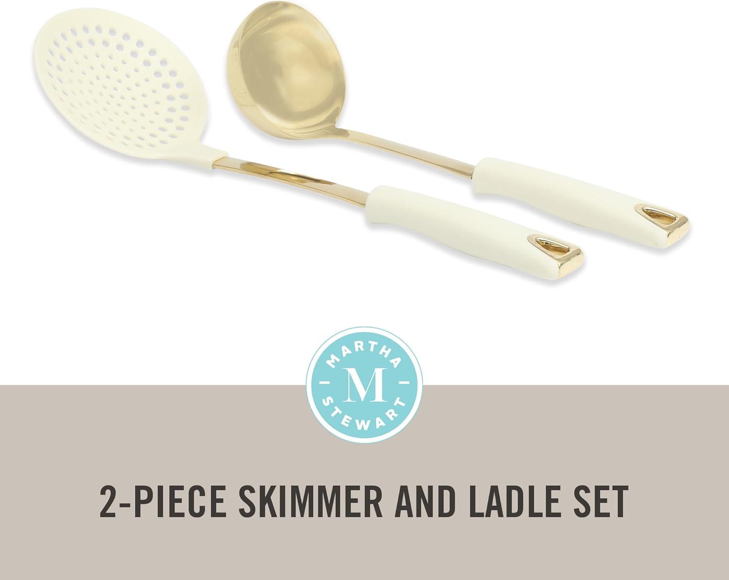 imageMartha Stewart Lockton 2Piece Stainless Steel amp Nylon Kitchen Skimmer and Ladle Set Linen wGold