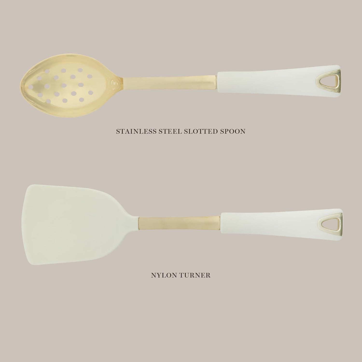 imageMartha Stewart Lockton 2Piece Stainless Steel amp Nylon Kitchen Turner and Slotted Spoon Set Linen wGold