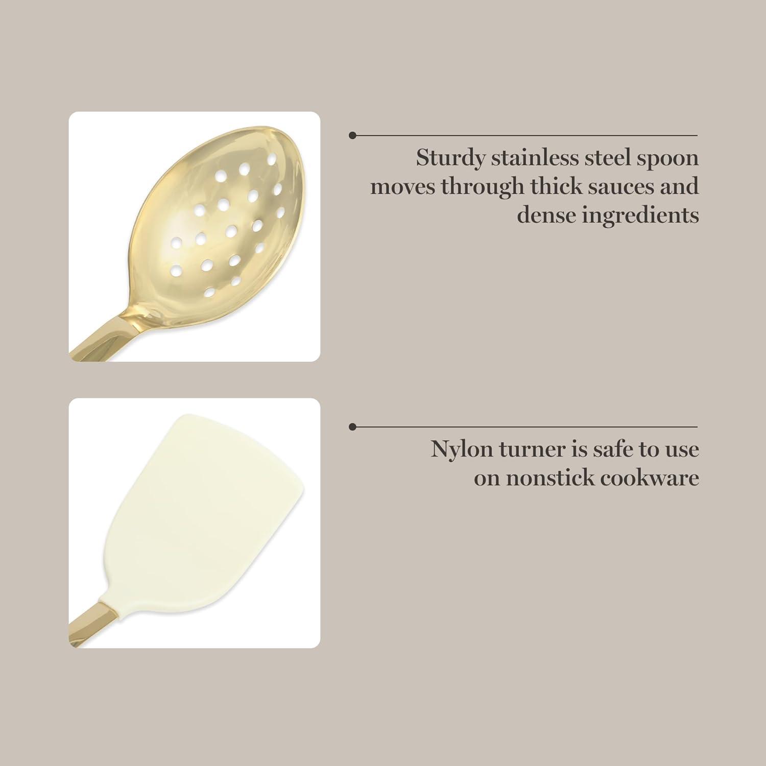imageMartha Stewart Lockton 2Piece Stainless Steel amp Nylon Kitchen Turner and Slotted Spoon Set Linen wGold