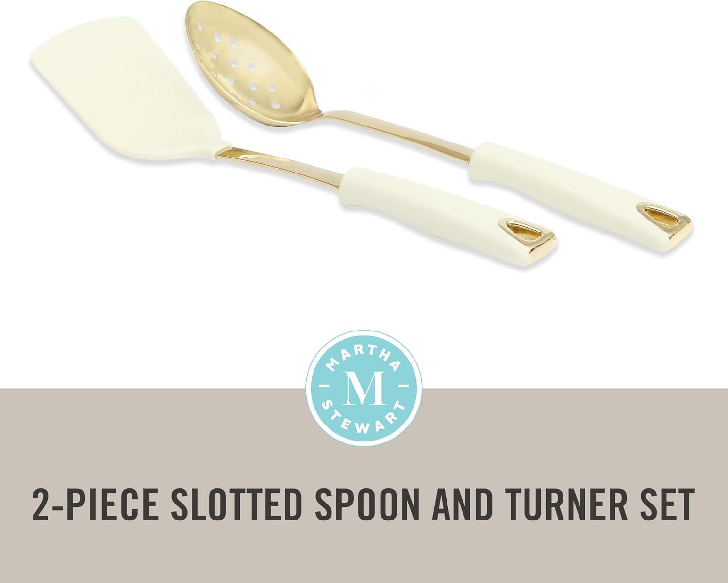 imageMartha Stewart Lockton 2Piece Stainless Steel amp Nylon Kitchen Turner and Slotted Spoon Set Linen wGold