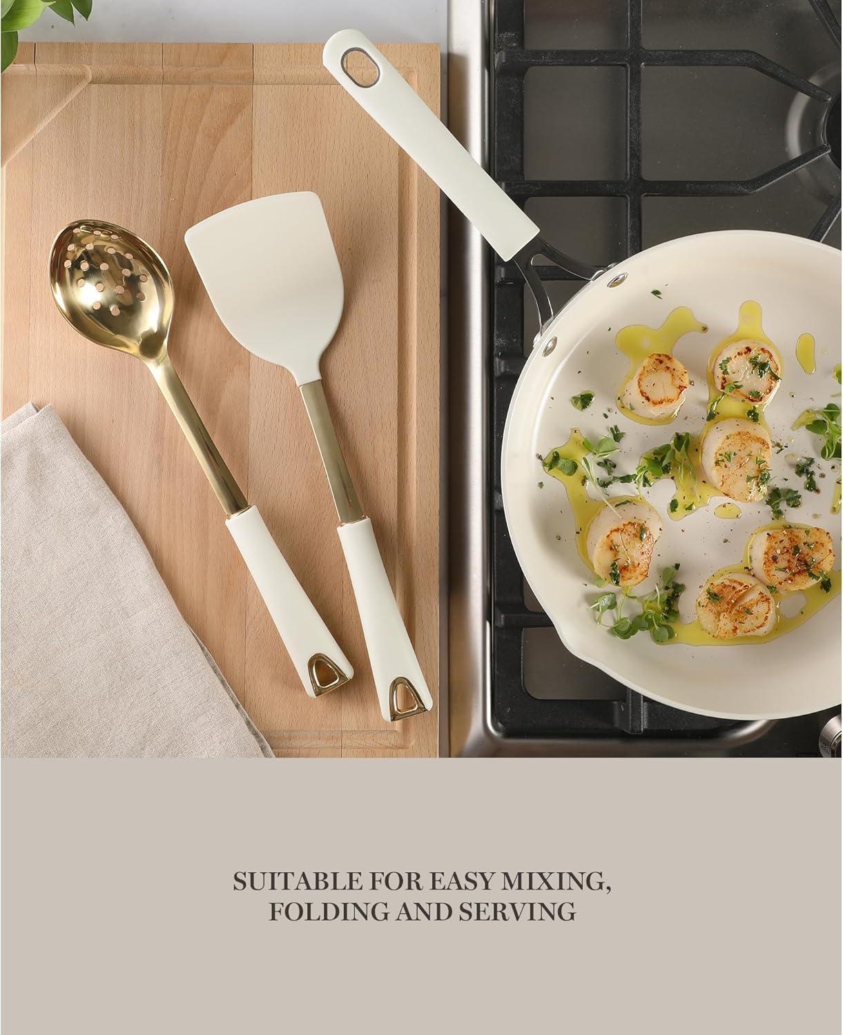 imageMartha Stewart Lockton 2Piece Stainless Steel amp Nylon Kitchen Turner and Slotted Spoon Set Linen wGold