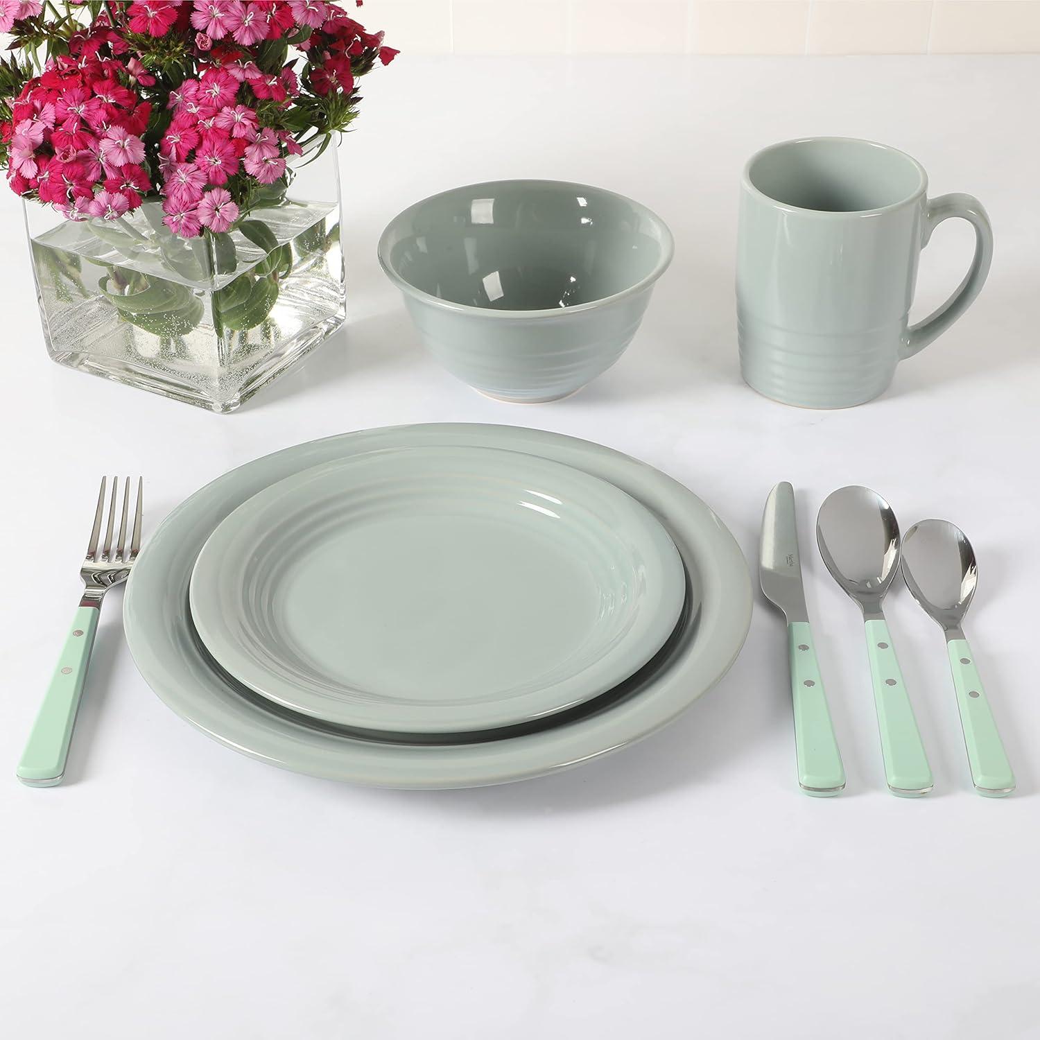 imageMartha Stewart Reedley 32 Piece Stoneware Dinnerware and Flatware Combo Set Linen WhiteBlue