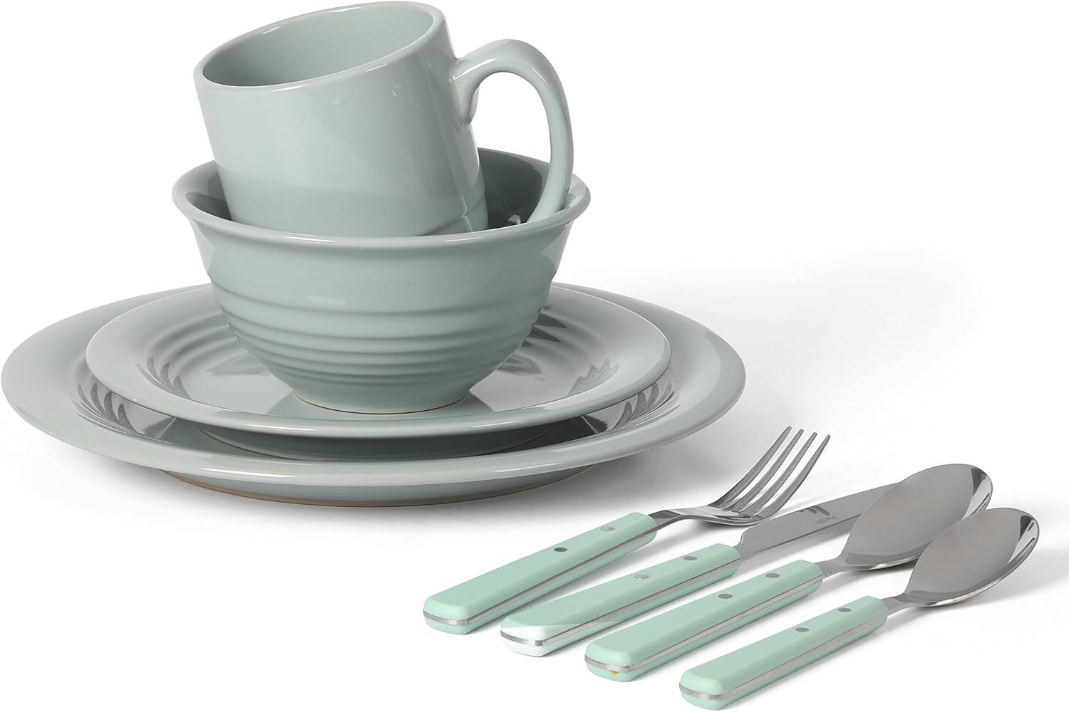 imageMartha Stewart Reedley 32 Piece Stoneware Dinnerware and Flatware Combo Set Linen WhiteBlue
