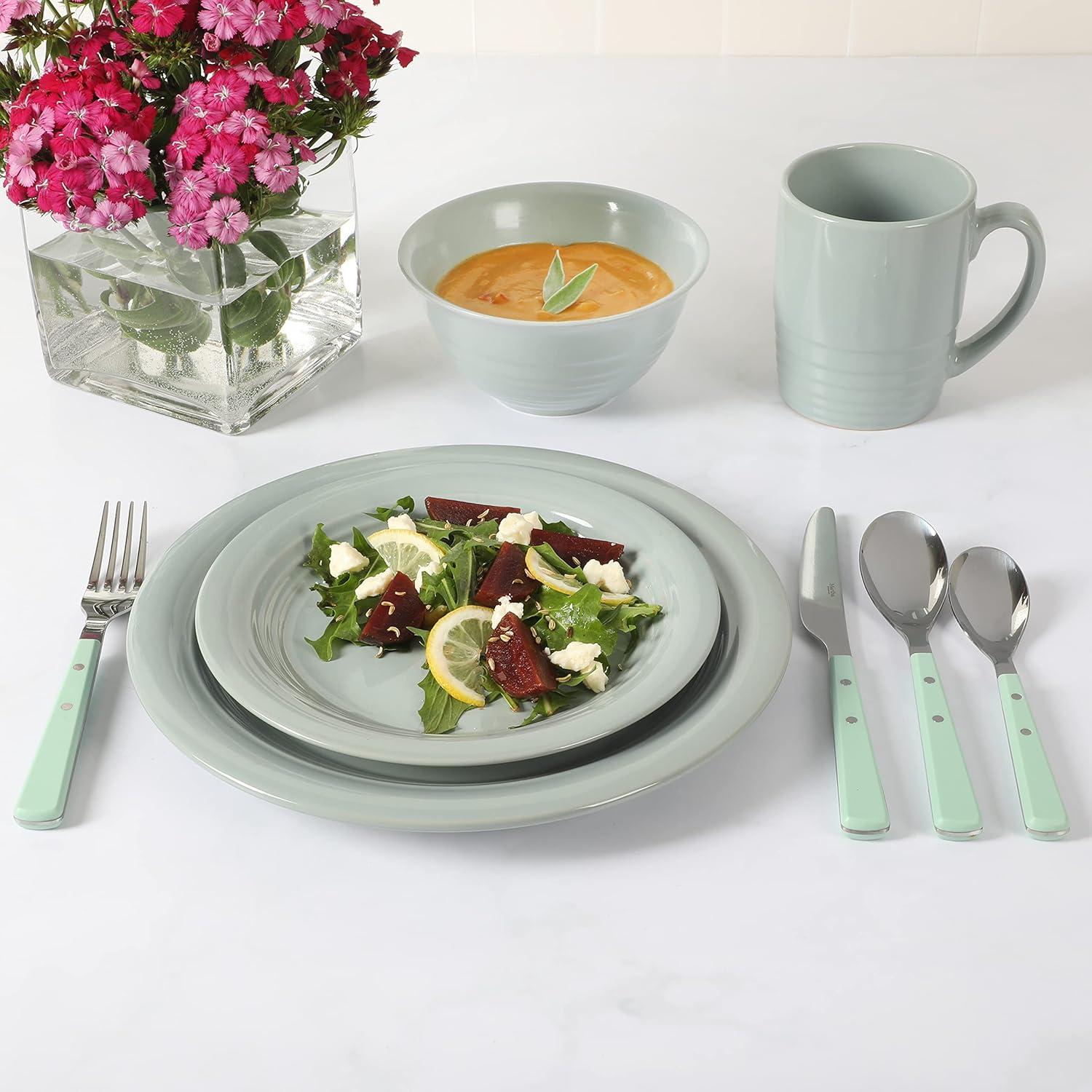 imageMartha Stewart Reedley 32 Piece Stoneware Dinnerware and Flatware Combo Set Linen WhiteBlue