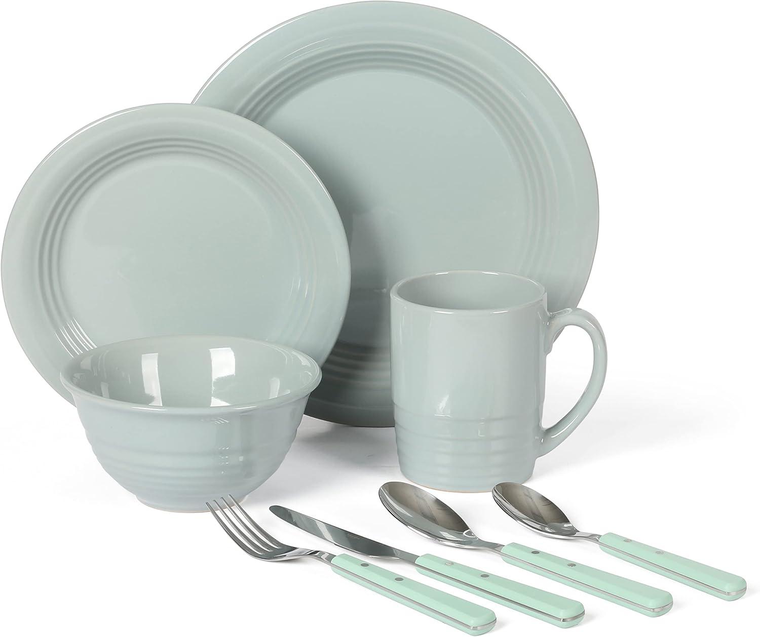 imageMartha Stewart Reedley 32 Piece Stoneware Dinnerware and Flatware Combo Set Linen WhiteBlue