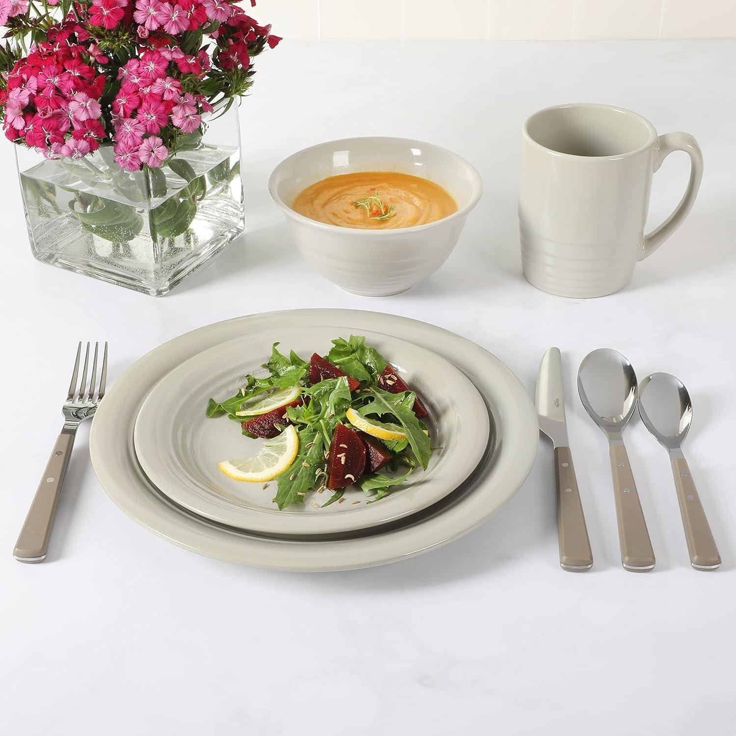 imageMartha Stewart Reedley 32 Piece Stoneware Dinnerware and Flatware Combo Set Linen WhiteGray