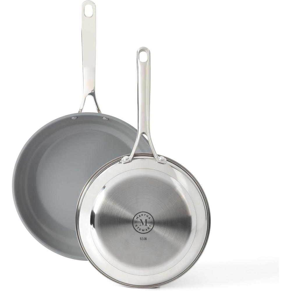 imageMartha Stewart Delaroux Stainless Steel 95 amp 12 PFAs Free Premium Ceramic Nonstick Fry Pan Set