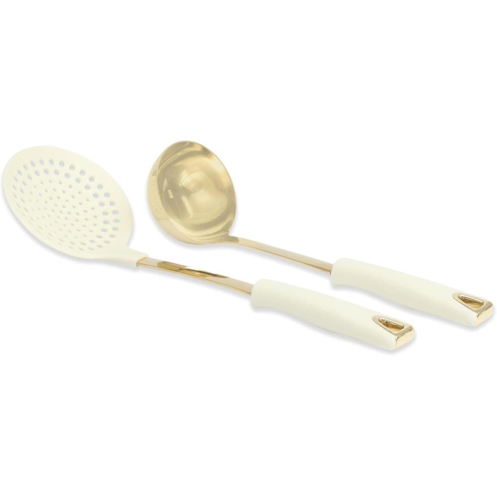 imageMartha Stewart Lockton 2Piece Stainless Steel amp Nylon Kitchen Skimmer and Ladle Set Linen wGold