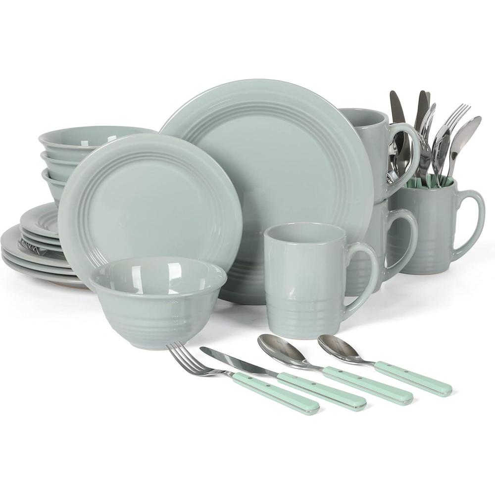 imageMartha Stewart Reedley 32 Piece Stoneware Dinnerware and Flatware Combo Set Linen WhiteBlue