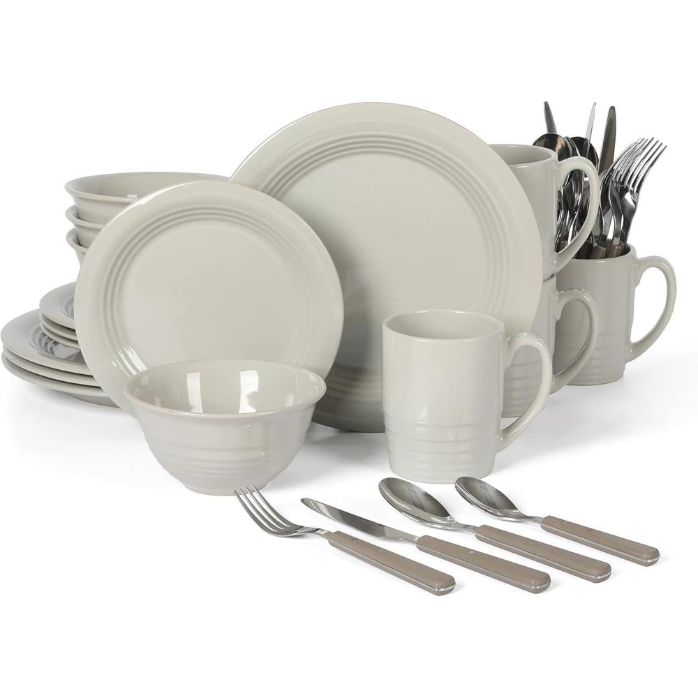 imageMartha Stewart Reedley 32 Piece Stoneware Dinnerware and Flatware Combo Set  Linen WhiteGray