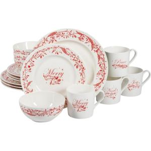 Martha Stewart Christmas Plates 12 Piece Decorated Red and White Stoneware Dinnerware Set(Christmas Vines)
