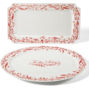 Martha Stewart Christmas Plates 12 Piece Decorated Red and White Stoneware Dinnerware Set(Christmas Vines (Serveware))