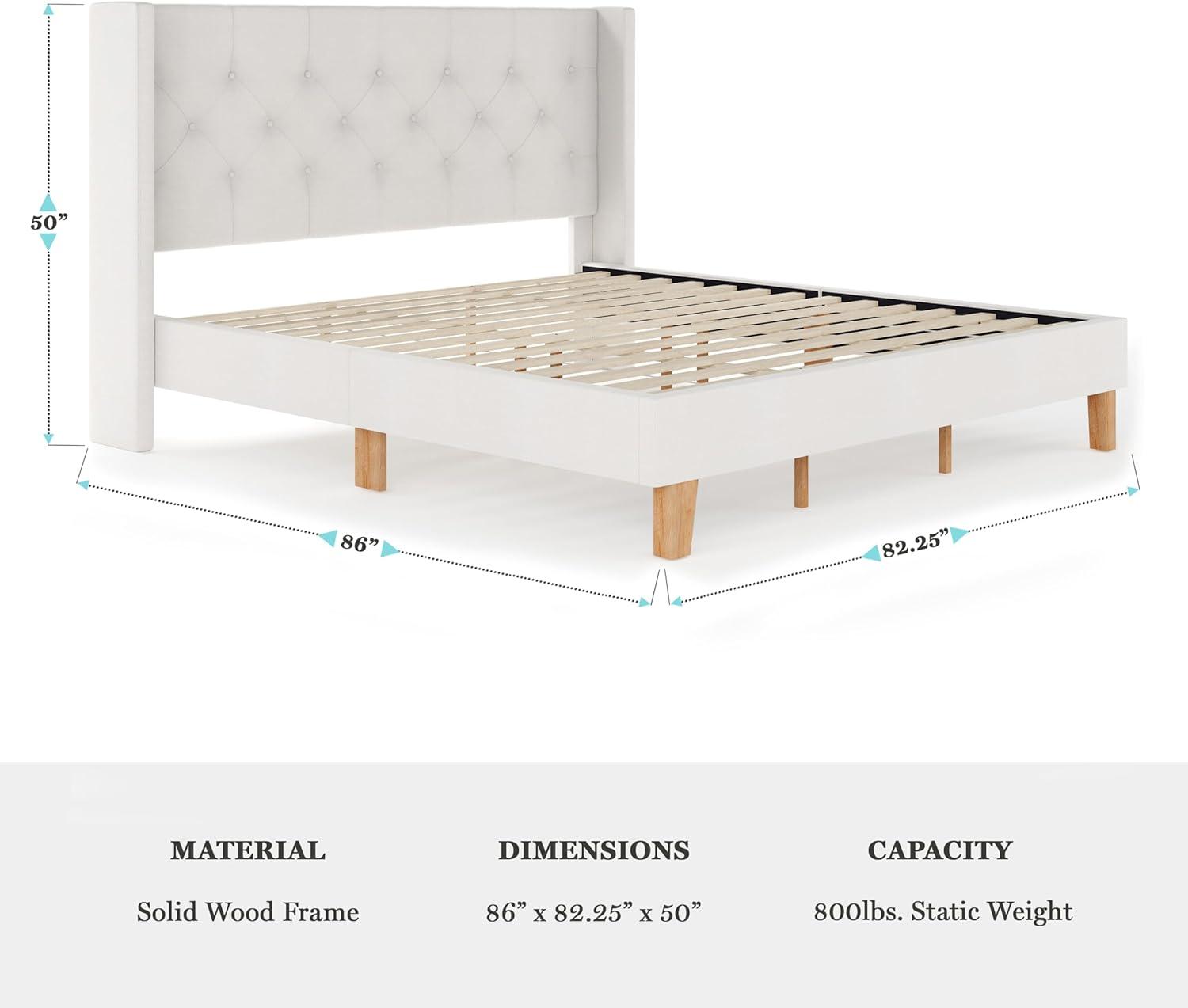 imageMartha Stewart Carmy Platform Bed with Tufted Headboard Cushioned Side Rails Faux Linen Upholstery Wood Slat Foundation No Box Spring Needed Queen WhiteKing