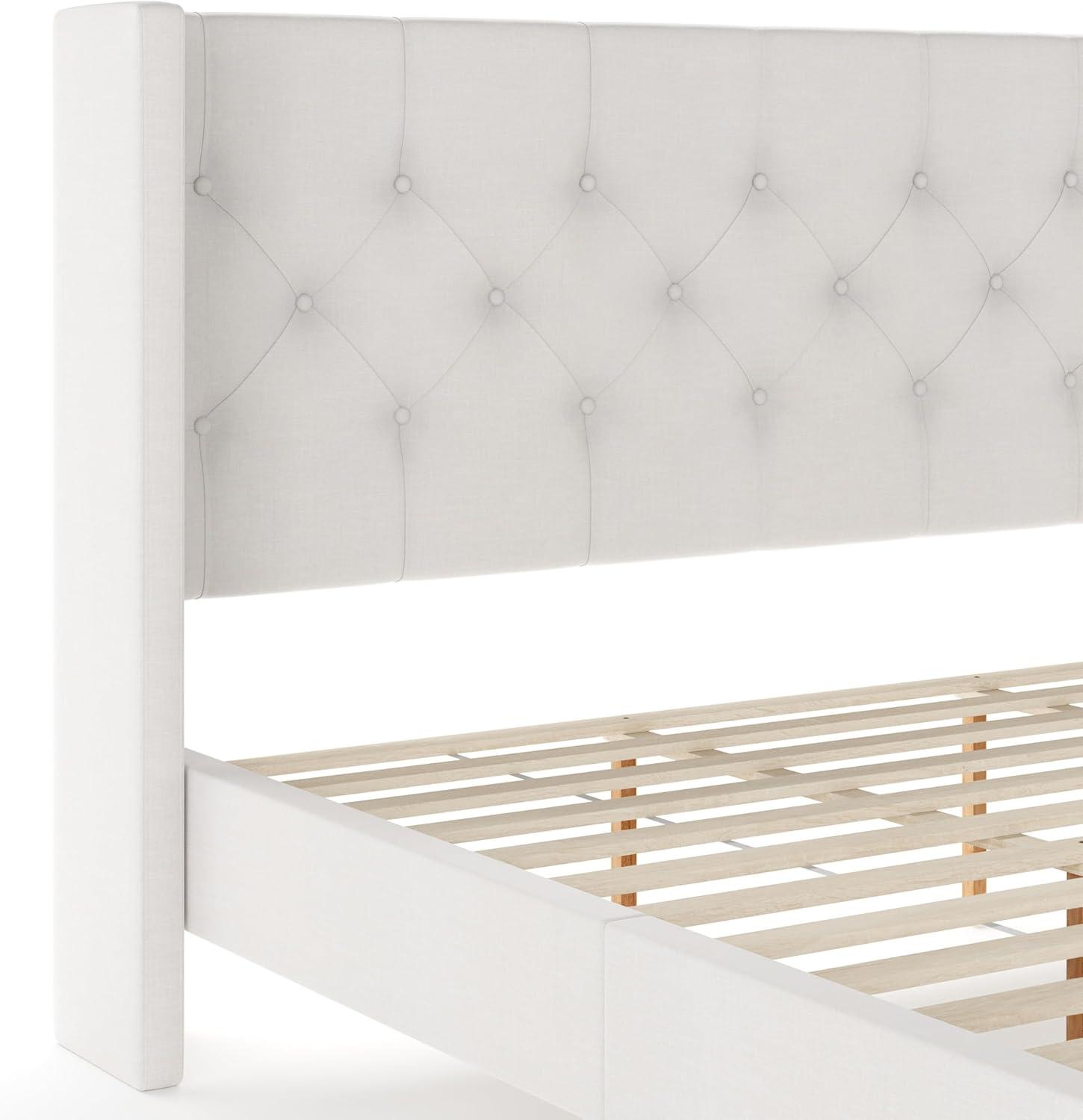 imageMartha Stewart Carmy Platform Bed with Tufted Headboard Cushioned Side Rails Faux Linen Upholstery Wood Slat Foundation No Box Spring Needed Queen WhiteKing