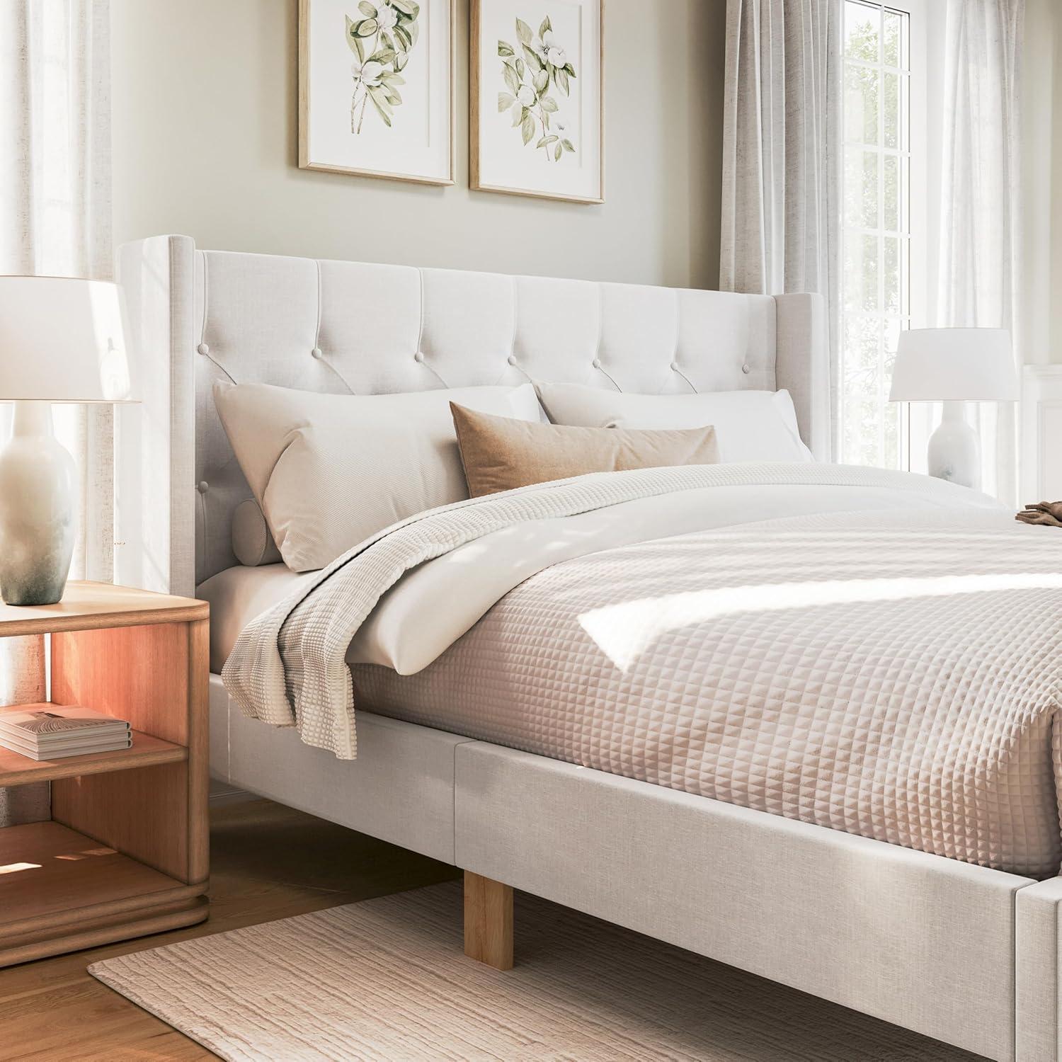 imageMartha Stewart Carmy Platform Bed with Tufted Headboard Cushioned Side Rails Faux Linen Upholstery Wood Slat Foundation No Box Spring Needed Queen WhiteKing