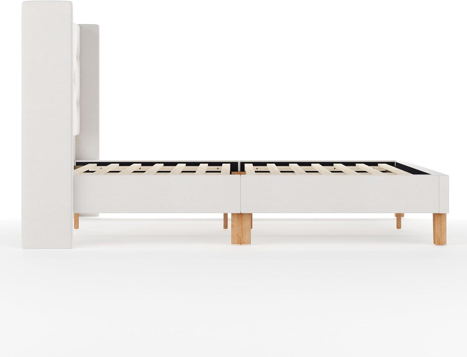 imageMartha Stewart Carmy Platform Bed with Tufted Headboard Cushioned Side Rails Faux Linen Upholstery Wood Slat Foundation No Box Spring Needed Queen WhiteQueen