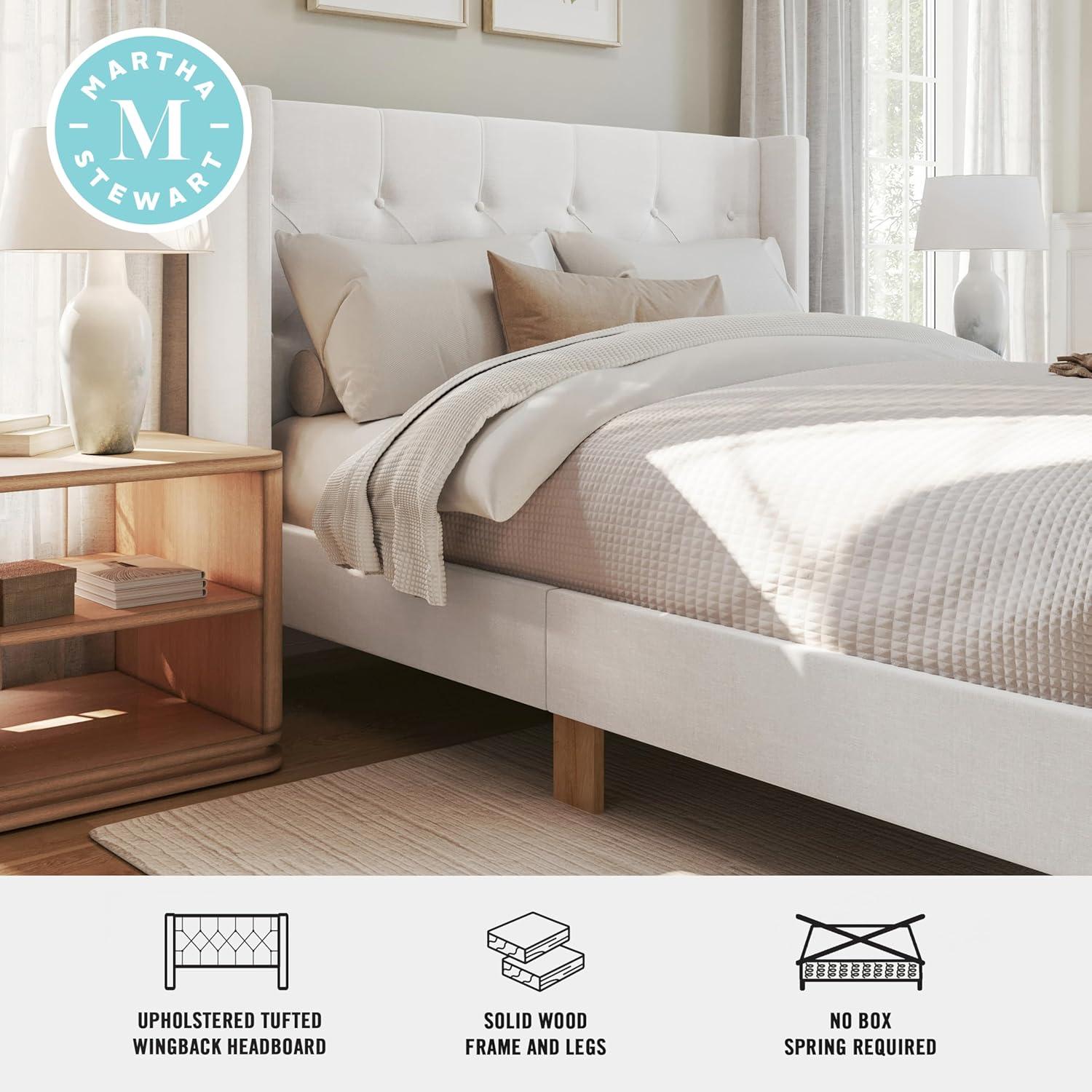 imageMartha Stewart Carmy Platform Bed with Tufted Headboard Cushioned Side Rails Faux Linen Upholstery Wood Slat Foundation No Box Spring Needed Queen WhiteQueen