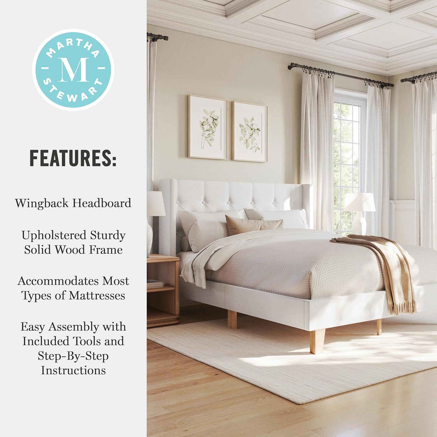 imageMartha Stewart Carmy Platform Bed with Tufted Headboard Cushioned Side Rails Faux Linen Upholstery Wood Slat Foundation No Box Spring Needed Queen WhiteQueen