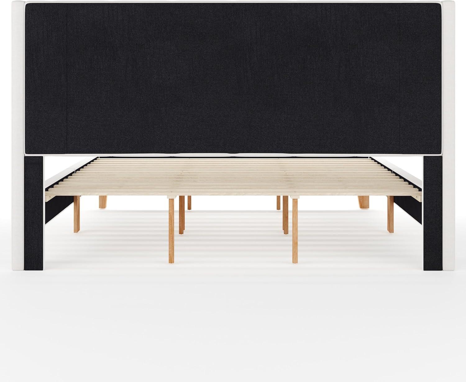imageMartha Stewart Carmy Platform Bed with Tufted Headboard Cushioned Side Rails Faux Linen Upholstery Wood Slat Foundation No Box Spring Needed Queen WhiteKing