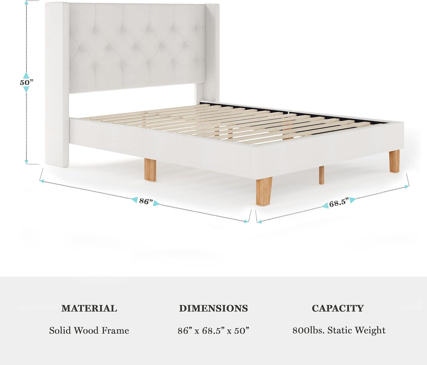 imageMartha Stewart Carmy Platform Bed with Tufted Headboard Cushioned Side Rails Faux Linen Upholstery Wood Slat Foundation No Box Spring Needed Queen WhiteQueen