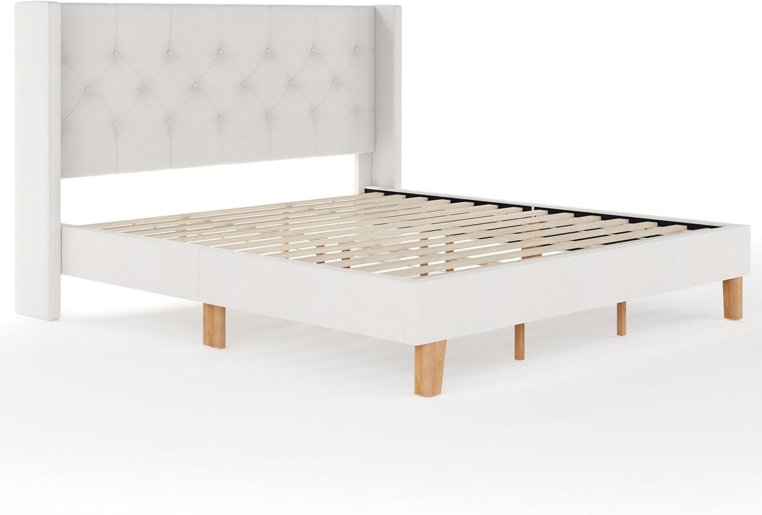imageMartha Stewart Carmy Platform Bed with Tufted Headboard Cushioned Side Rails Faux Linen Upholstery Wood Slat Foundation No Box Spring Needed Queen WhiteKing