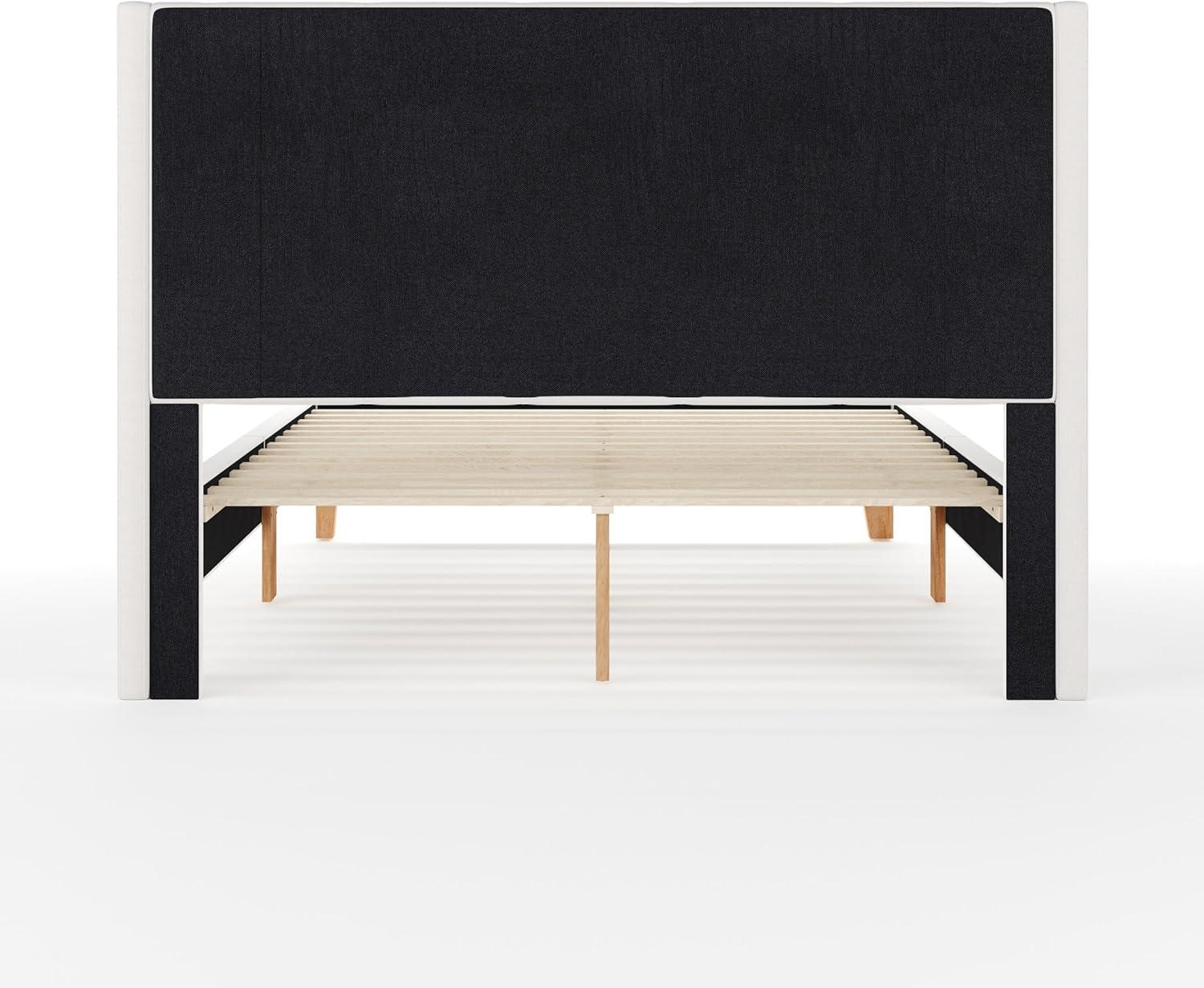 imageMartha Stewart Carmy Platform Bed with Tufted Headboard Cushioned Side Rails Faux Linen Upholstery Wood Slat Foundation No Box Spring Needed Queen WhiteQueen